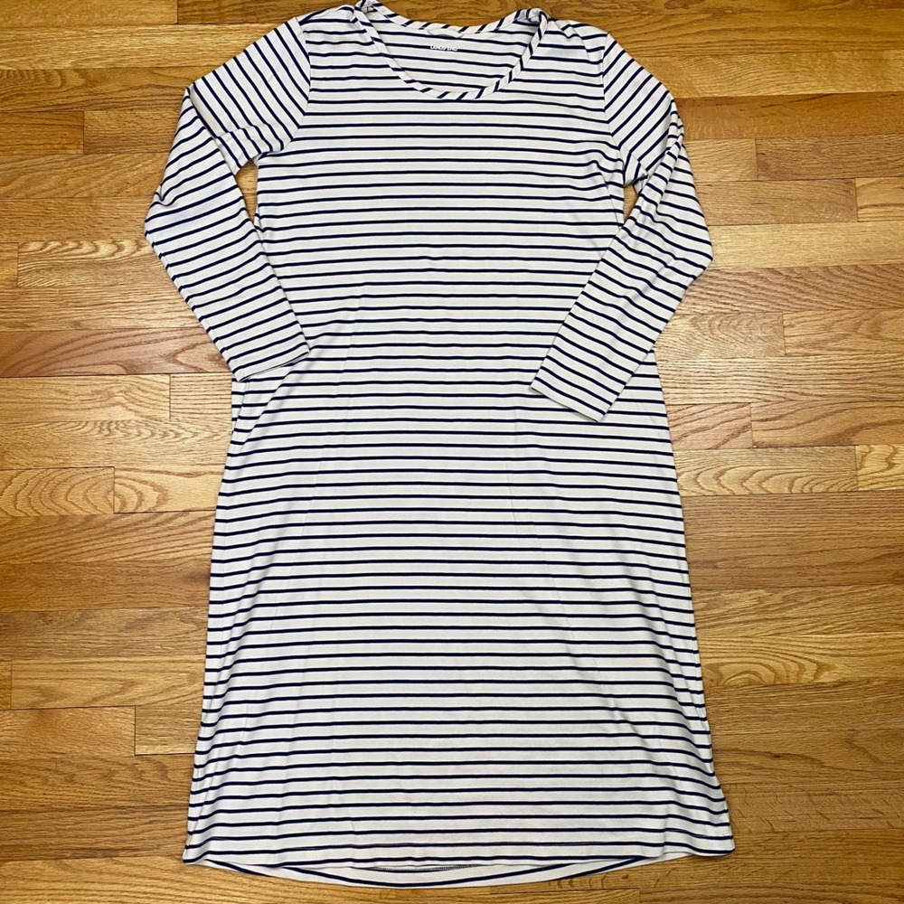 Lands' End Navy and Cream Striped Midi Dress, nautical, beachy, classic